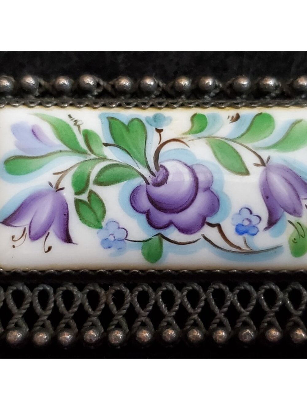 Vintage Finift Floral Brooch Hand Painted Enamel Purple Blue 1 7/8"